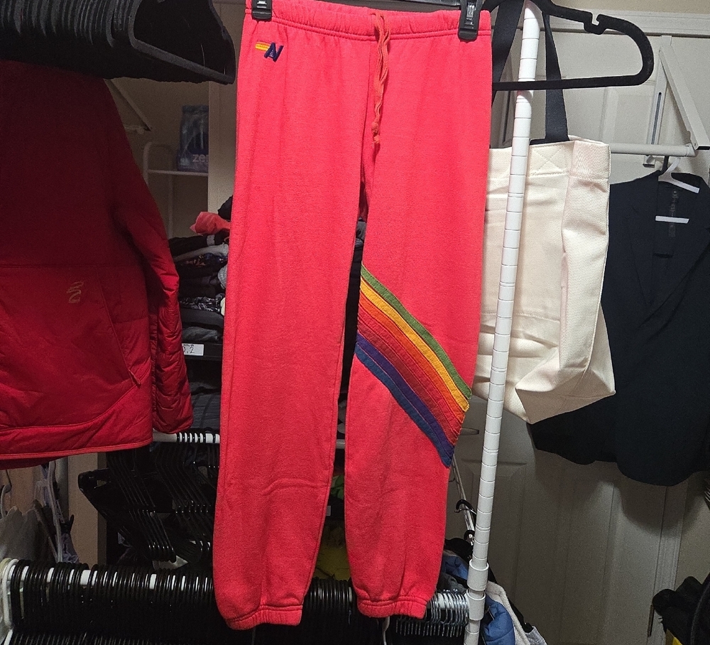 Aviator Nation Red Sweatpants with Rainbow Stripes